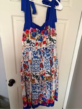 Dalia MacPhee Bright Blue Floral Tile Print Sundress M